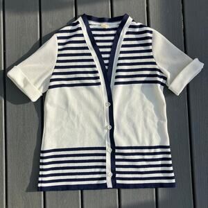 Vintage blue and white striped V neck knit button up top, coastal preppy